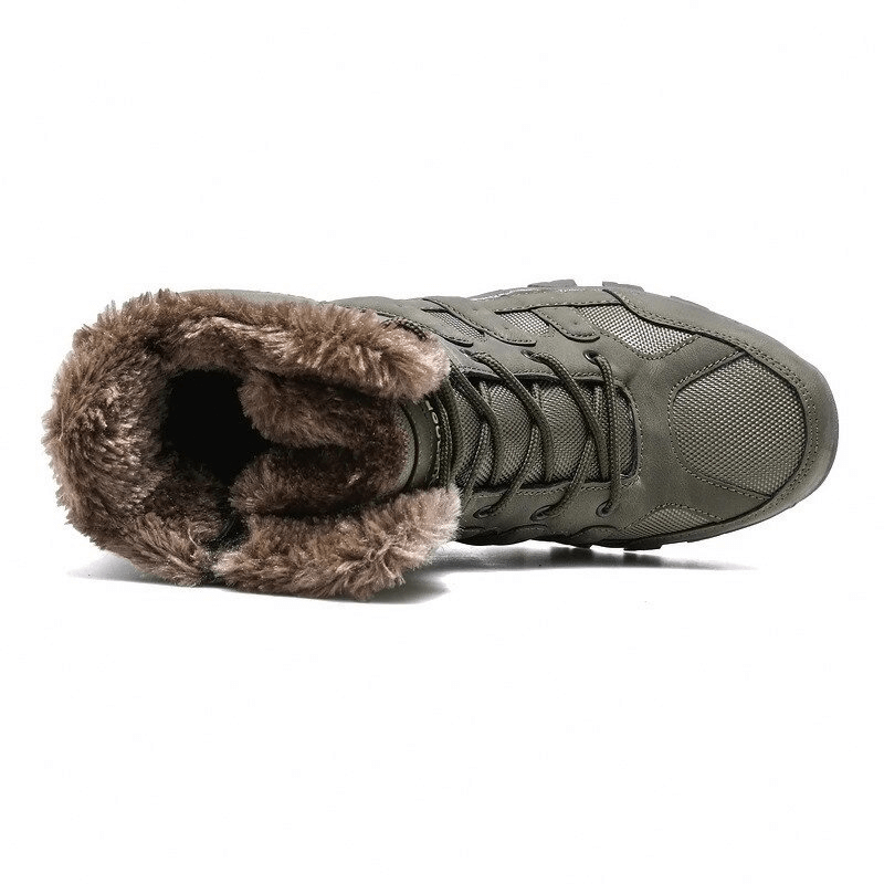 Top view of men's waterproof motorcycle boot with plush lining, green canvas upper, lace-up closure, rubber outsole, and round toe.